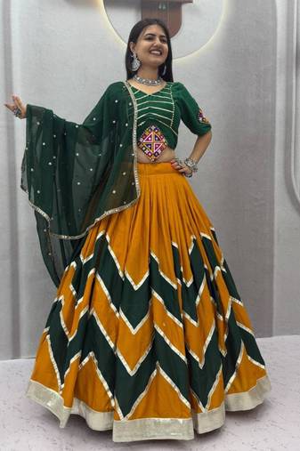 yellow cotton-poly printed mirror work circular lehenga Lehenga Choli for Navratri