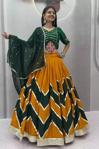 yellow printed cotton-poly mirror work circular lehenga choli