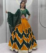 yellow cotton-poly printed mirror work circular lehenga Lehenga Choli for Navratri