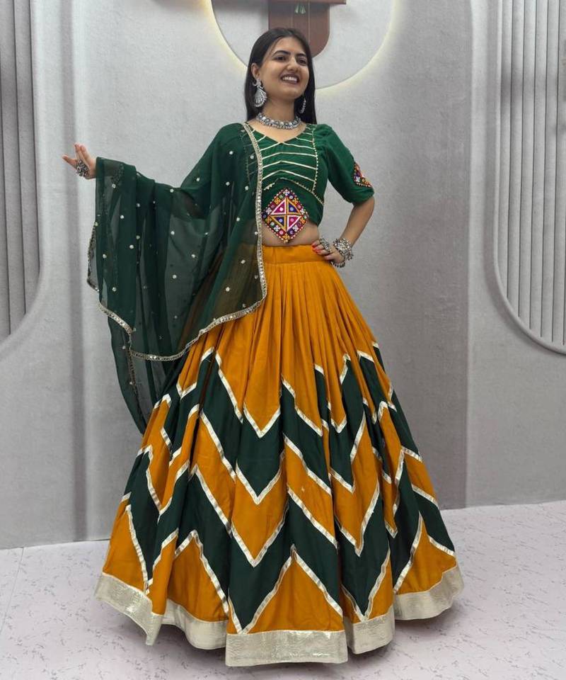 yellow cotton-poly printed mirror work circular lehenga Lehenga Choli for Navratri
