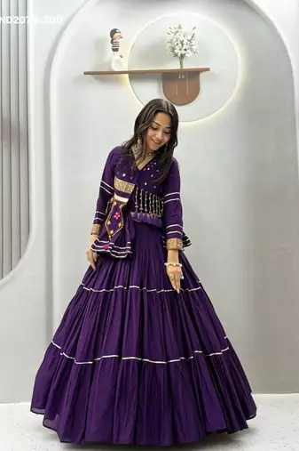 purple cotton-poly plain hand embroidery circular lehenga Lehenga Choli for Navratri