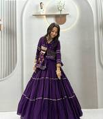 purple cotton-poly plain hand embroidery circular lehenga Lehenga Choli for Navratri