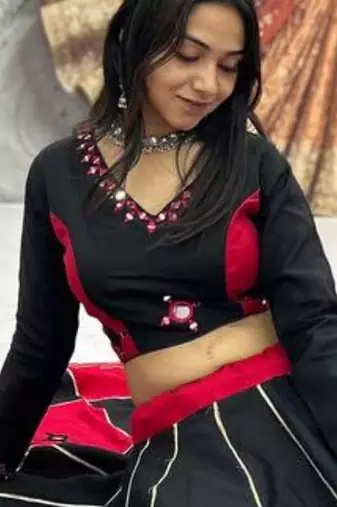 black cotton-poly embroidered mirror work circular lehenga Lehenga Choli for Navratri