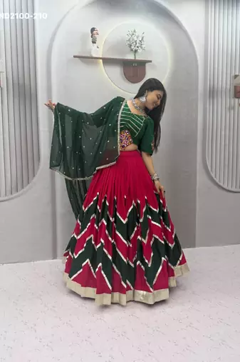 rani pink printed cotton poly mirror work circular lehenga choli
