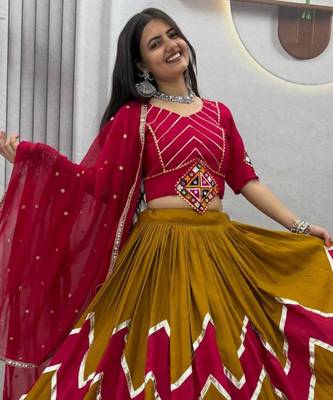 dark mustard rayon printed mirror work circular lehenga Lehenga Choli for Navratri 2