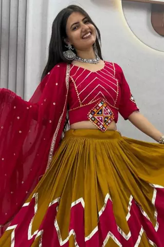 dark mustard printed rayon mirror work circular lehenga choli