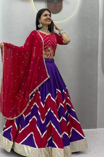purple printed cotton-poly zari work circular lehenga choli