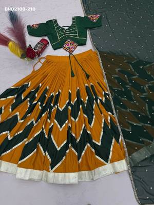 yellow cotton-poly printed mirror work circular lehenga Lehenga Choli for Navratri 2