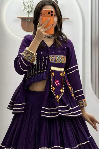 purple cotton-poly plain hand embroidery circular lehenga Lehenga Choli for Navratri