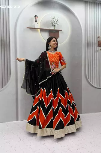 black printed cotton-poly mirror work circular lehenga choli
