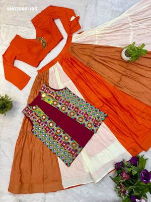 orange rayon plain mirror work a line lehenga Lehenga Choli for Navratri - full stitched free size 3