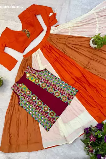 orange rayon plain mirror work a line lehenga Lehenga Choli for Navratri - full stitched free size