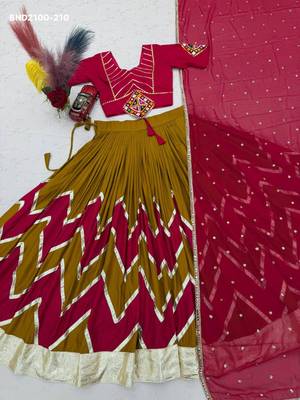 dark mustard rayon printed mirror work circular lehenga Lehenga Choli for Navratri 3