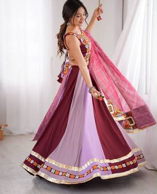 light purple rayon embroidered mirror work circular lehenga Lehenga Choli for Navratri - full stitched free size 4