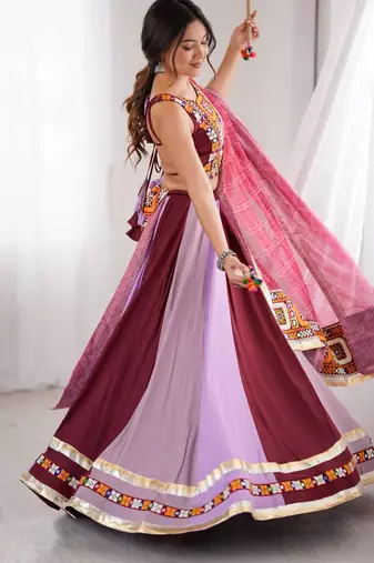 light purple rayon embroidered mirror work circular lehenga Lehenga Choli for Navratri - full stitched free size