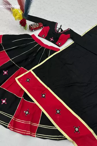 black cotton-poly embroidered mirror work circular lehenga Lehenga Choli for Navratri