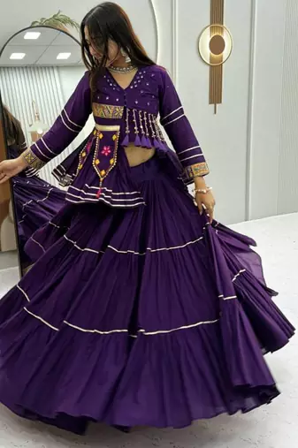 purple cotton-poly plain hand embroidery circular lehenga Lehenga Choli for Navratri