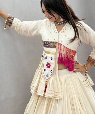 off white cotton-poly plain hand embroidery circular lehenga Lehenga Choli for Navratri 3