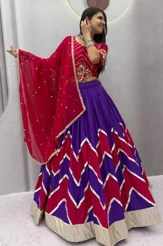 purple printed cotton-poly zari work circular lehenga choli