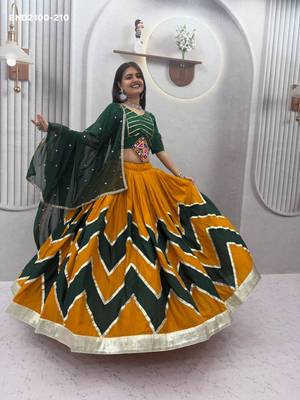 yellow cotton-poly printed mirror work circular lehenga Lehenga Choli for Navratri 3