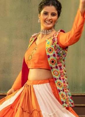 orange rayon plain mirror work a line lehenga Lehenga Choli for Navratri - full stitched free size 4