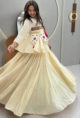 off white cotton-poly plain hand embroidery circular lehenga Lehenga Choli for Navratri 4