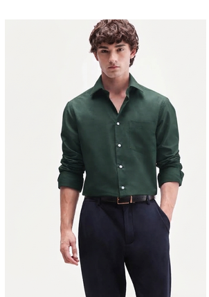 Men's Plain Dark Green Spread Collar Cotton Blended Casual Wear Shirt 2