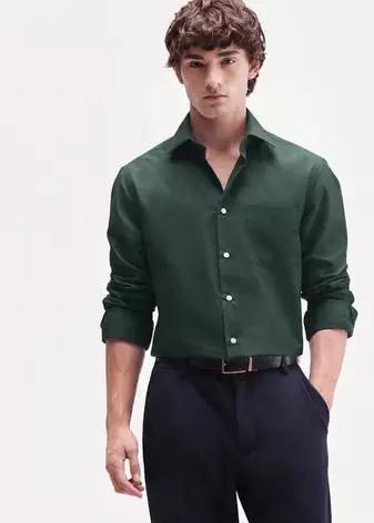 Men's Plain Dark Green Spread Collar Cotton Blended Casual Wear Shirt