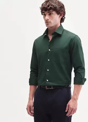 Men's Plain Dark Green Spread Collar Cotton Blended Casual Wear Shirt