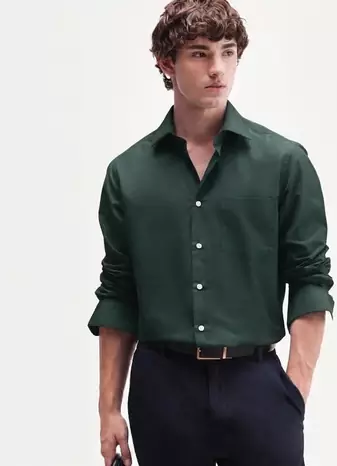 Men's Plain Dark Green Spread Collar Cotton Blended Casual Wear Shirt