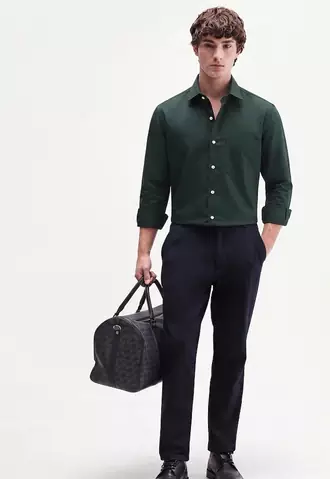 Men's Plain Dark Green Spread Collar Cotton Blended Casual Wear Shirt
