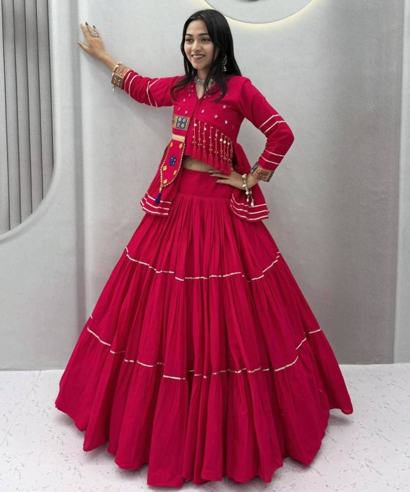 pink cotton-poly plain hand embroidery circular lehenga Lehenga Choli for Navratri