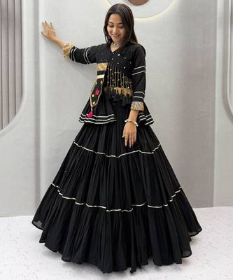 black cotton-poly plain mirror work circular lehenga Lehenga Choli for Navratri 1