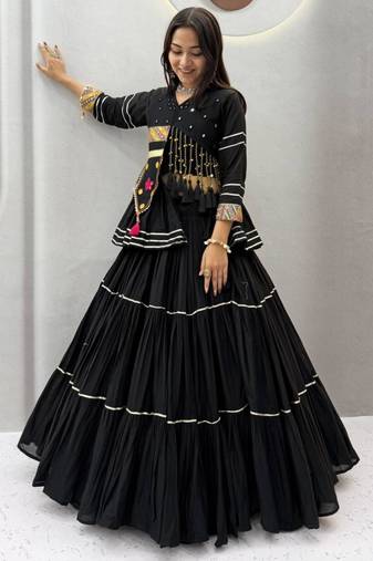 black cotton-poly plain mirror work circular lehenga Lehenga Choli for Navratri