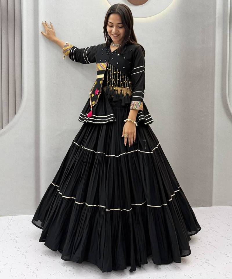 black cotton-poly plain mirror work circular lehenga Lehenga Choli for Navratri