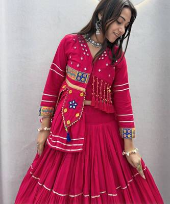 pink cotton-poly plain hand embroidery circular lehenga Lehenga Choli for Navratri 2
