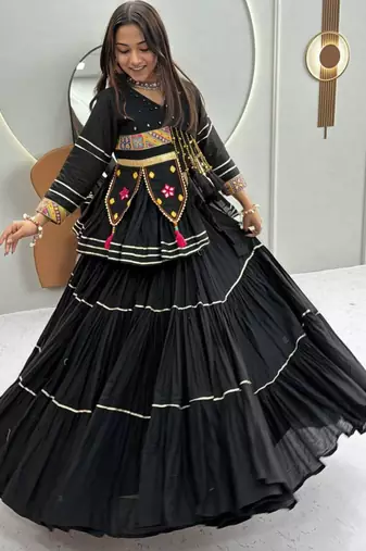 black cotton-poly plain mirror work circular lehenga Lehenga Choli for Navratri