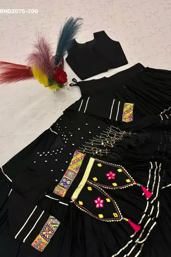 black cotton-poly plain mirror work circular lehenga Lehenga Choli for Navratri
