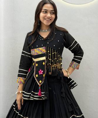 black cotton-poly plain mirror work circular lehenga Lehenga Choli for Navratri 4
