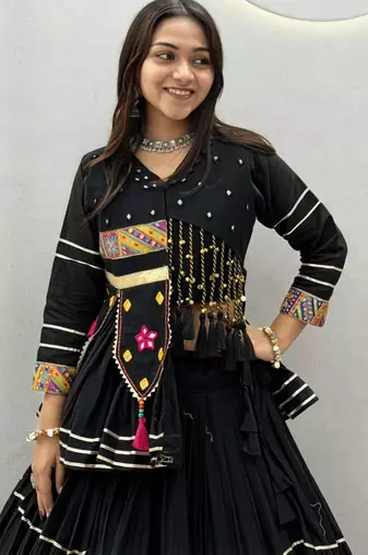 black cotton-poly plain mirror work circular lehenga Lehenga Choli for Navratri