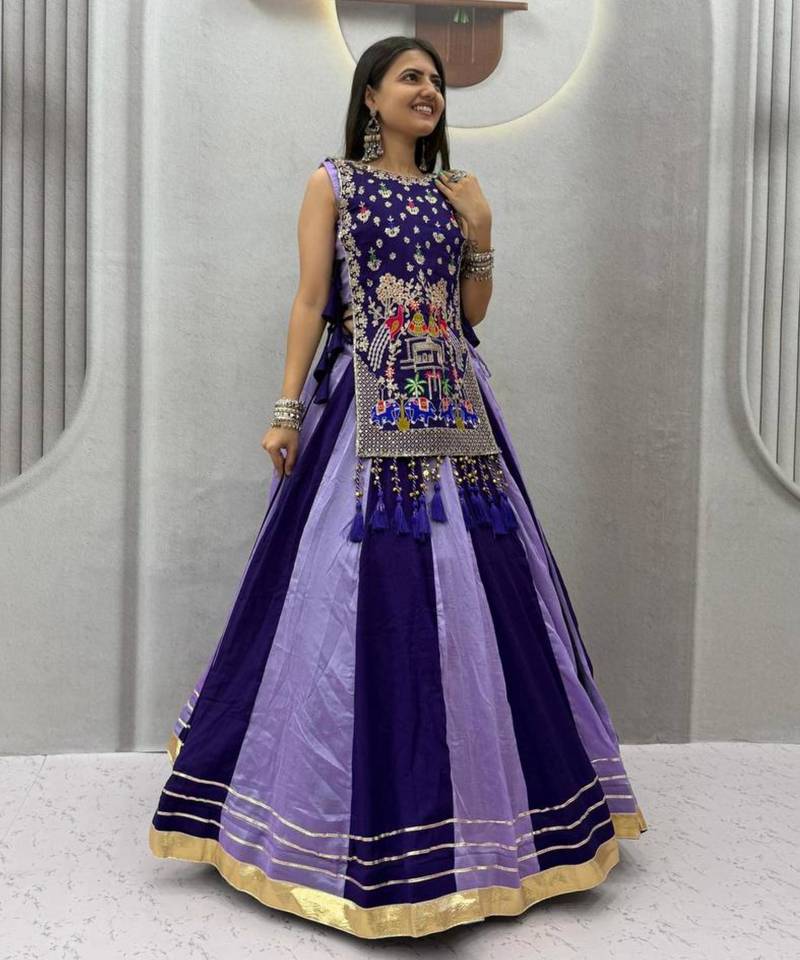 purple silk blend plain thread work circular lehenga Lehenga Choli for Navratri