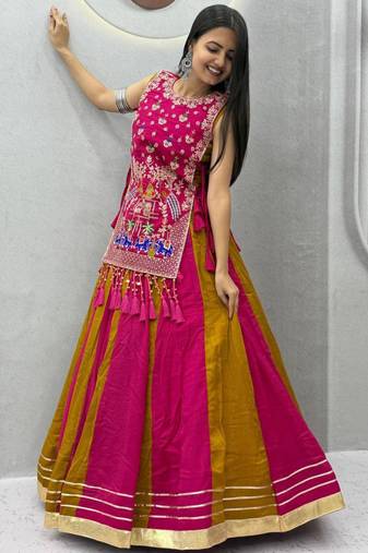 pink silk blend plain thread work circular lehenga Lehenga Choli for Navratri