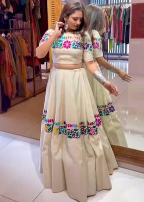 cream cotton-poly embroidered mirror work circular lehenga Lehenga Choli for Navratri - full stitched free size 1