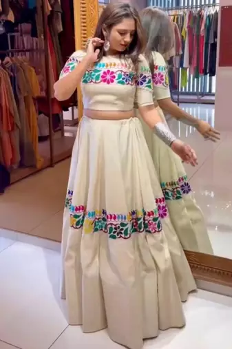 cream cotton-poly embroidered mirror work circular lehenga Lehenga Choli for Navratri - full stitched free size