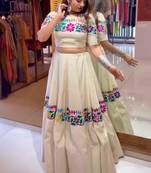 cream cotton-poly embroidered mirror work circular lehenga Lehenga Choli for Navratri - full stitched free size
