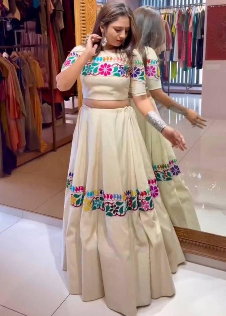 cream cotton-poly embroidered mirror work circular lehenga Lehenga Choli for Navratri - full stitched free size