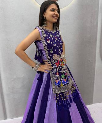 purple silk blend plain thread work circular lehenga Lehenga Choli for Navratri 2