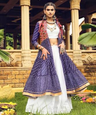 blue cotton-poly plain bandhej circular lehenga Lehenga Choli for Navratri- free size 1