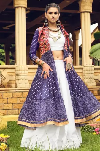 blue cotton-poly plain bandhej circular lehenga Lehenga Choli for Navratri- free size