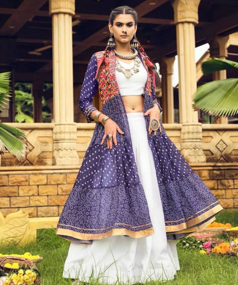 blue cotton-poly plain bandhej circular lehenga Lehenga Choli for Navratri- free size
